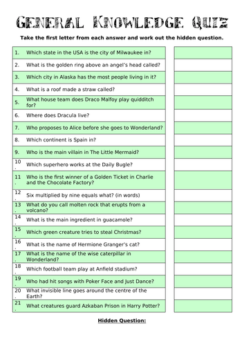 Set of 5 (week 6-10) KS3/4 General knowledge Form Time Quizzes