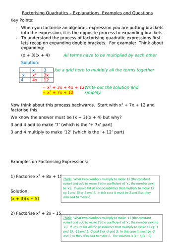Factorising Quadratics - Explanations, Examples and Questions ...