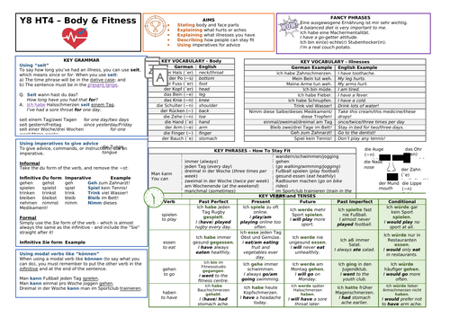 KS3 Y8 German Knowledge Organiser (KO) - Body, Illness and Fitness