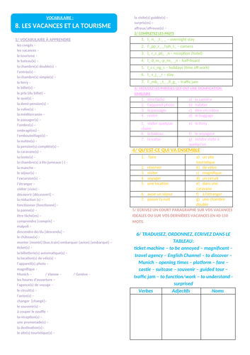GCSE French 'Holidays' Vocabulary Revision Worksheet | Teaching Resources