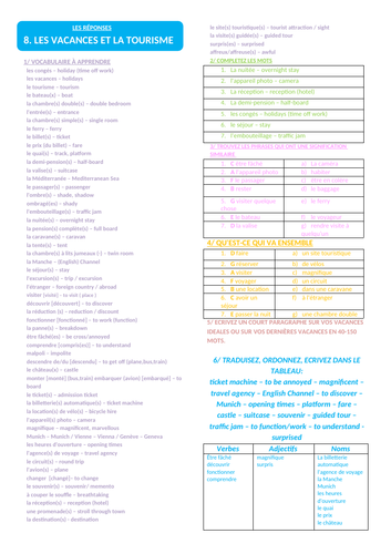 GCSE French 'Holidays' Vocabulary Revision Worksheet