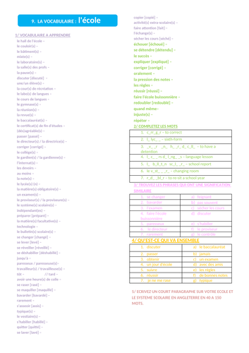 French GCSE 'School' Vocab Revision Worksheet