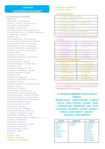 GCSE French 'le travail ou l'université' Vocab Revision Worksheet