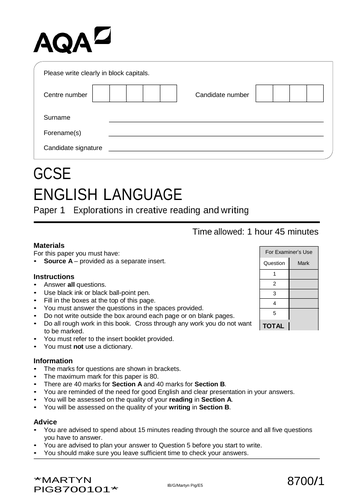 GCSE English Language (Paper 1) - Martyn Pig | Teaching Resources