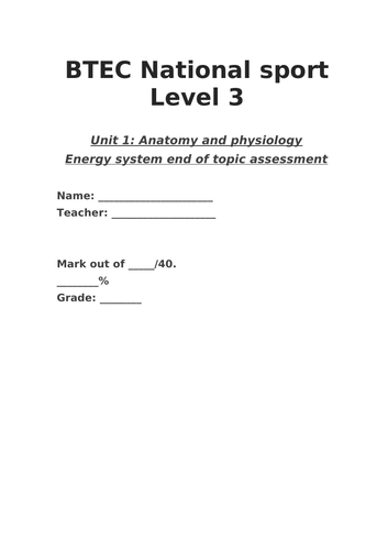 Energy systems scheme of work - BTEC Sport L3 - Unit 1 Anatomy ...