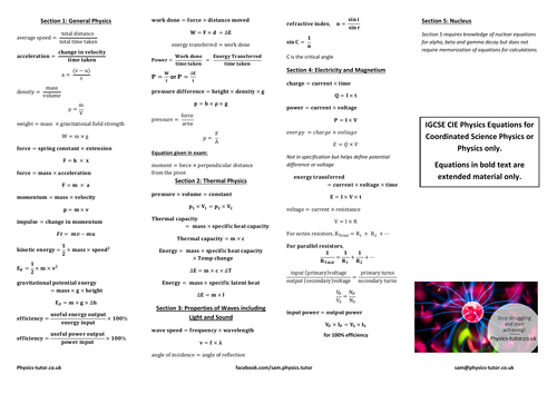 CIE IGCSE Physics Equation list | Teaching Resources