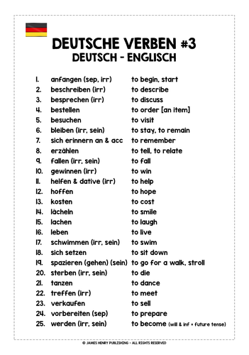 GERMAN VERBS LIST #3 | Teaching Resources