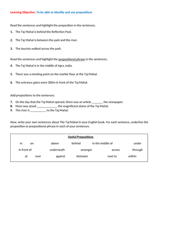 Identifying and using Prepositions (Taj Mahal) | Teaching Resources