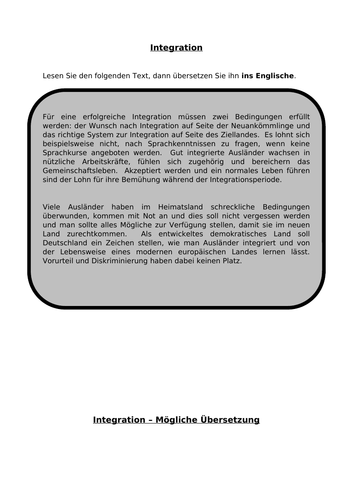 Integration - AQA A Level German translation practice | Teaching Resources