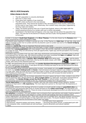 AQA urban change knowledge organiser