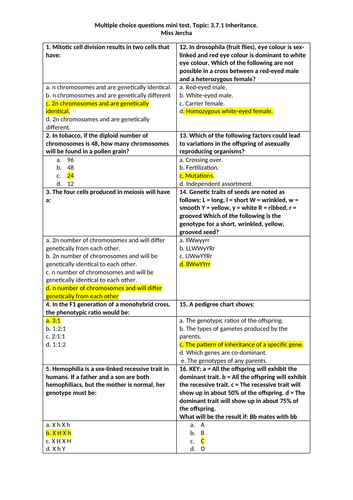 AQA A level Biology Section 7: Inheritance Population Evolution MCQ