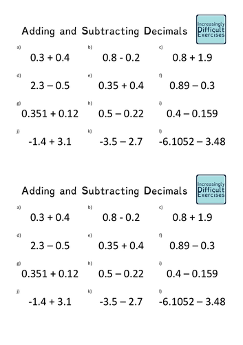 increasingly difficult questions adding and subtracting decimals teaching resources