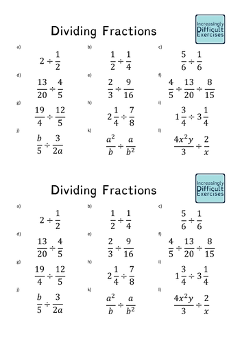 increasingly difficult questions dividing fractions teaching resources