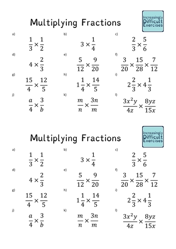 increasingly difficult questions multiplying fractions teaching resources