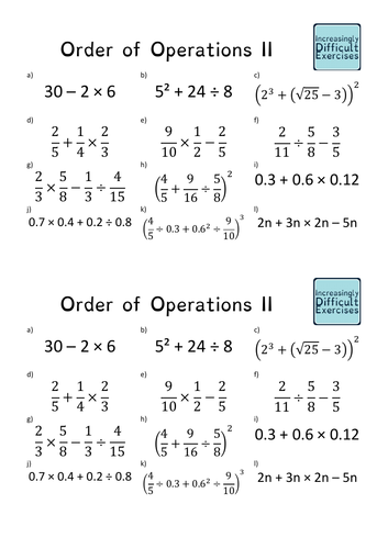 Increasingly difficult questions order of operations teaching resources