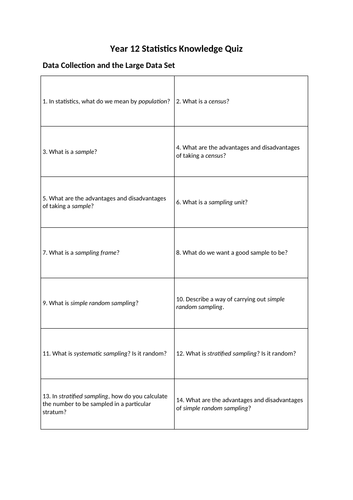 Year 12 Statistics Knowledge Quiz/Revision Cards