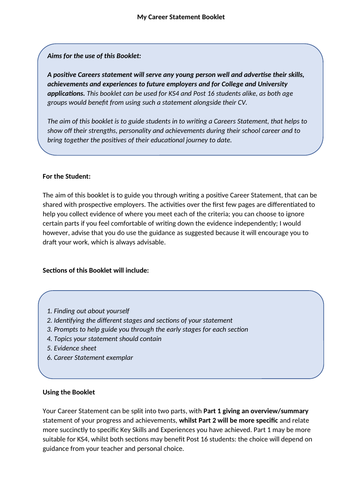 My Personal Statement Booklet - Exploring your Future Career Pathway