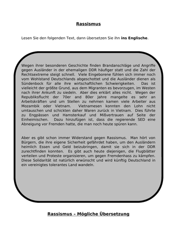 Rassismus - translation into English for AQA A Level German