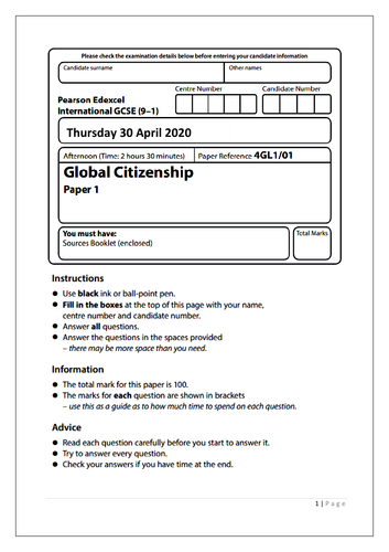 Practice Paper for Edexcel IGCSE Global Citizenship | Teaching Resources