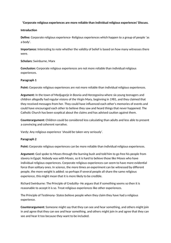 Religious Experiences ESSAY PLANS- Philosophy & Ethics A Level