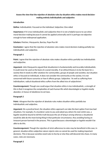 Situation Ethics ESSAY PLANS- Philosophy & Ethics A Level OCR