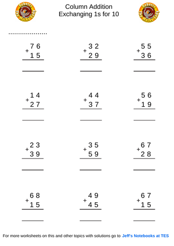 Column addition 2 digits exchanging once | Teaching Resources