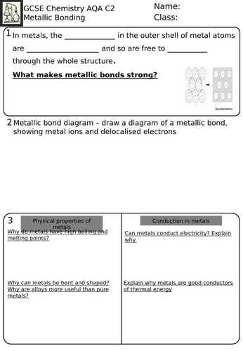 Metallic bonding worksheet and video - AQA GCSE Chemistry Bonding