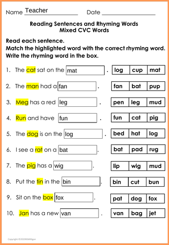 Sentence Work Phonics Cvc Words Cloze Worksheets Activity Distance Learning Teaching Resources