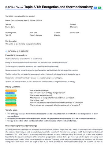 Unit plans - IB DP Chemistry | Teaching Resources