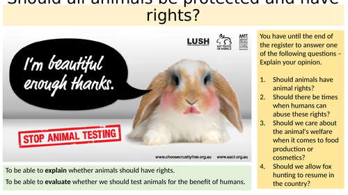 Animal testing. Should animals have rights? KS3 National Curriculum