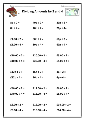 Divide Money by 2 and 4 - Worksheet