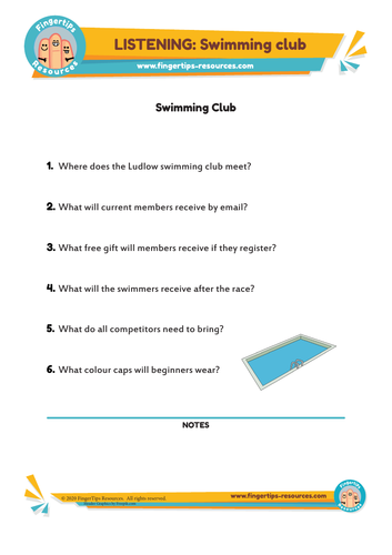 Swimming Club - ESL Listening Activity