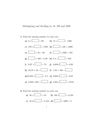 multiplying and dividing by 10 100 and 1000 missing numbers and operations worksheet teaching resources