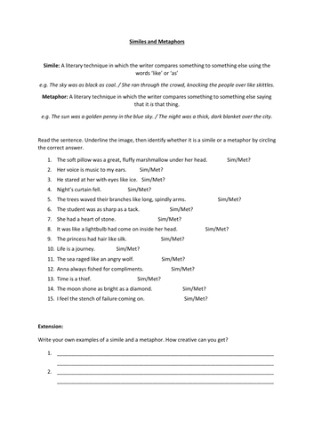 ks3 similes and metaphors worksheet w answers teaching resources