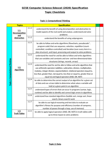 Gcse Computer Science Edexcel 2020 Topic Checklist Teaching Resources