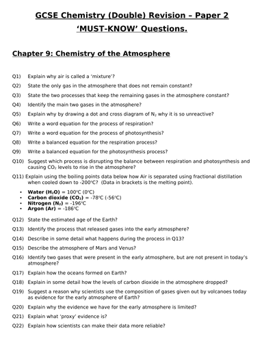 GCSE Chemistry (Double) Revision - Topic 9 Chemistry of the Atmosphere ...