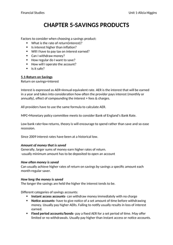 Financial Studies Unit 1 Chapter 5 Savings Products Teaching Resources