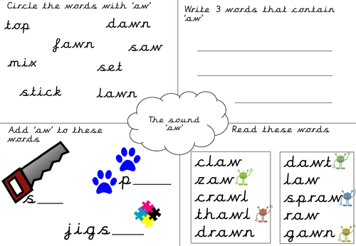 Phonics Worksheet:  aw