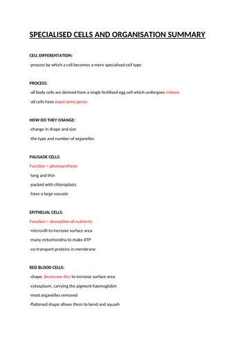 AQA ALEVEL BIOLOGY SPECIALISED CELLS AND ORGANISATION | Teaching Resources