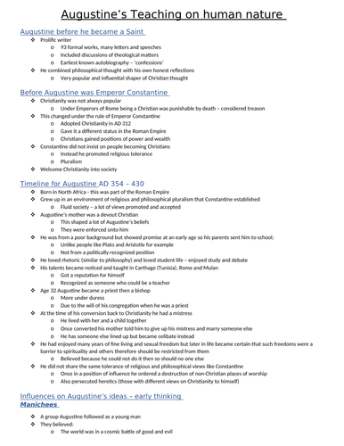 Augustine's teaching on human nature full revision notes - Christianity - OCR