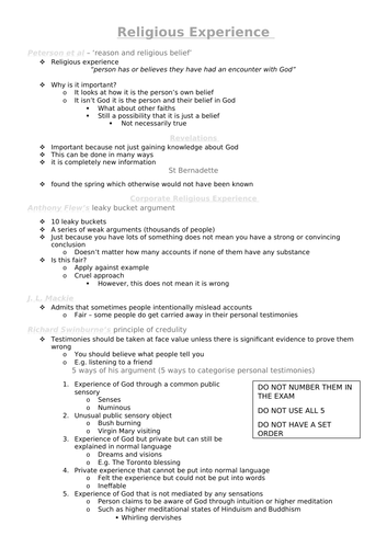 Religious Experience full revision notes - Philosophy - OCR