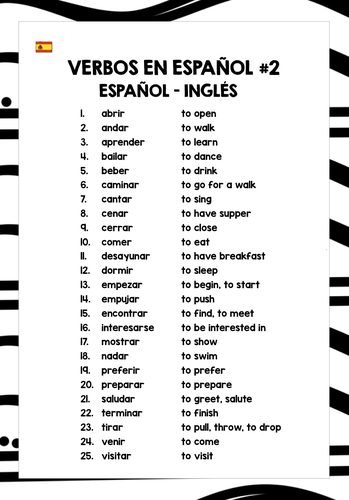 Spanish Verbs Reference List 2 Teaching Resources
