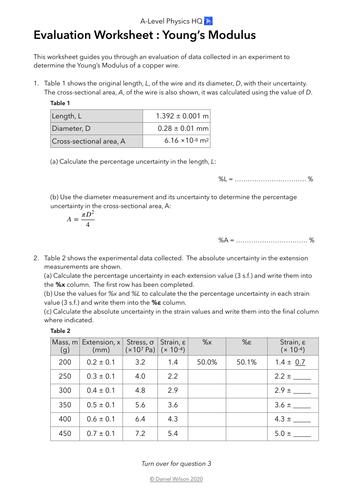 Young's Modulus experiment evaluation worksheet | Teaching Resources