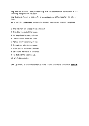 'ing' and 'ed' clauses | Teaching Resources