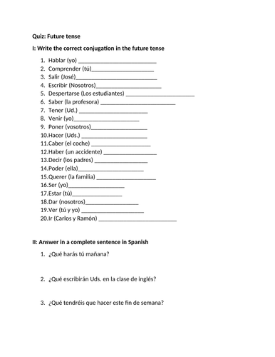 Quiz Future Tense Spanish Teaching Resources