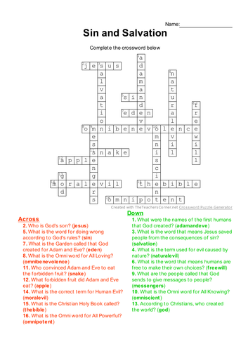 Sin and Salvation Crossword Religious Education Teaching Resources