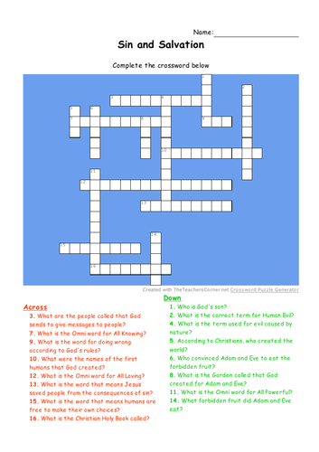 Sin and Salvation Crossword Religious Education Teaching Resources