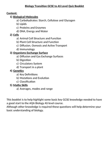 Biology Transition Gcse To A Level Booklet Teaching Resources