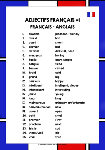 FRENCH ADJECTIVES LIST 1 Teaching Resources