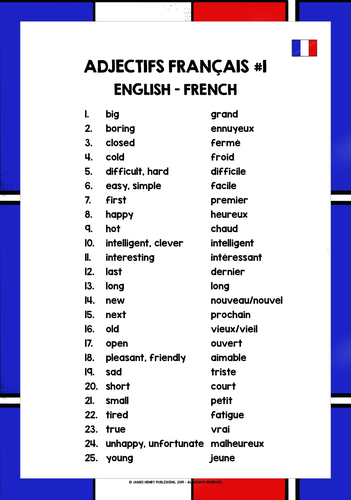 FRENCH ADJECTIVES LIST FREEBIE #1 | Teaching Resources